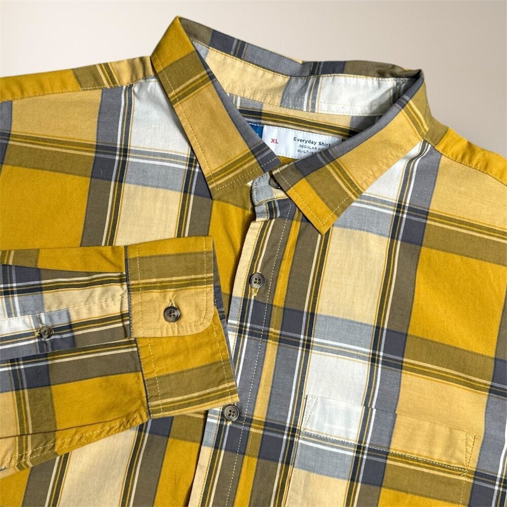 Old Navy Everyday Shirt Men's XL Yellow Gray‎ Plaid Button-Up Regular Fit Preppy